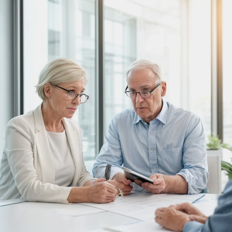 Senior consultant reviewing insurance policy documents with client